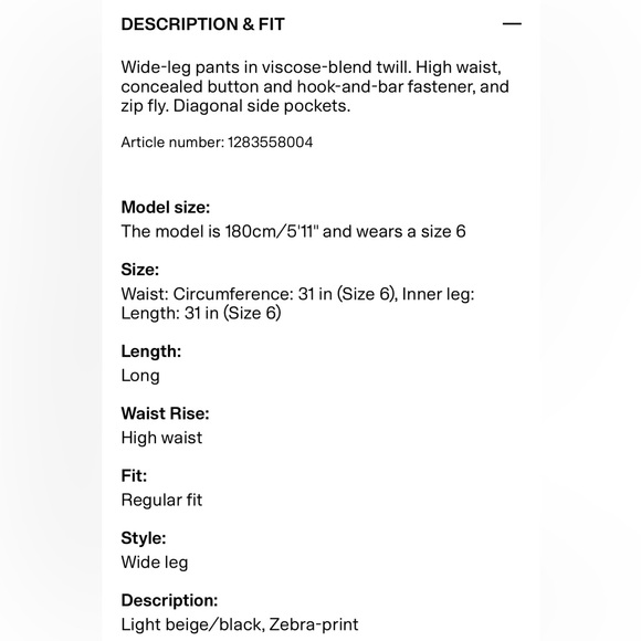 🦓 H&M Zebra Print Wide-Leg Twill Pants NWT Size 6 - Picture 6 of 6